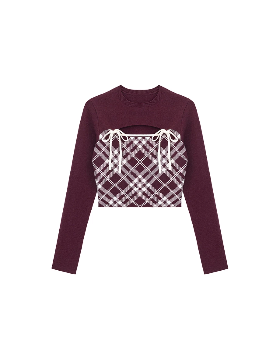 Crew Neck Contrast Bow Plaid Panel Long Sleeve Crop Knit Top