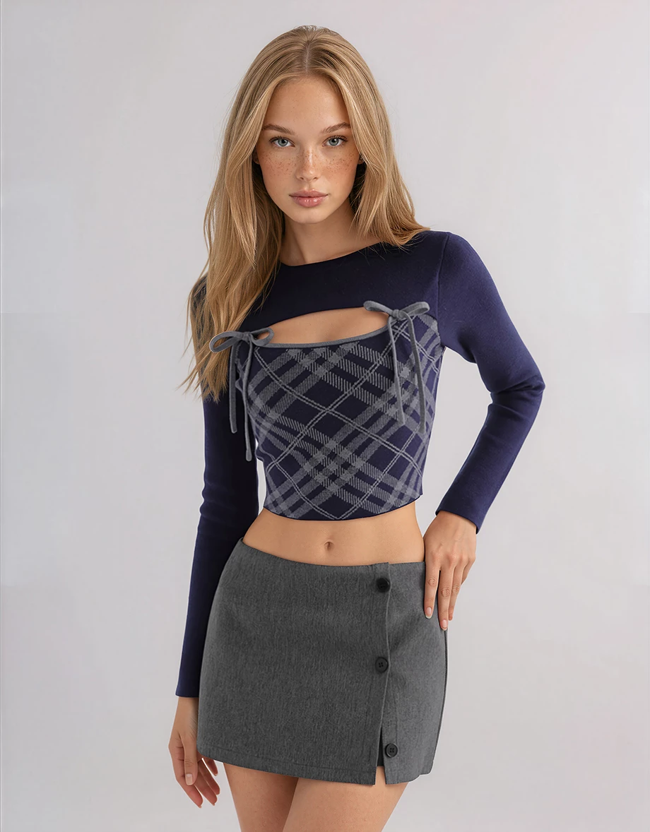 Crew Neck Contrast Bow Plaid Panel Long Sleeve Crop Knit Top