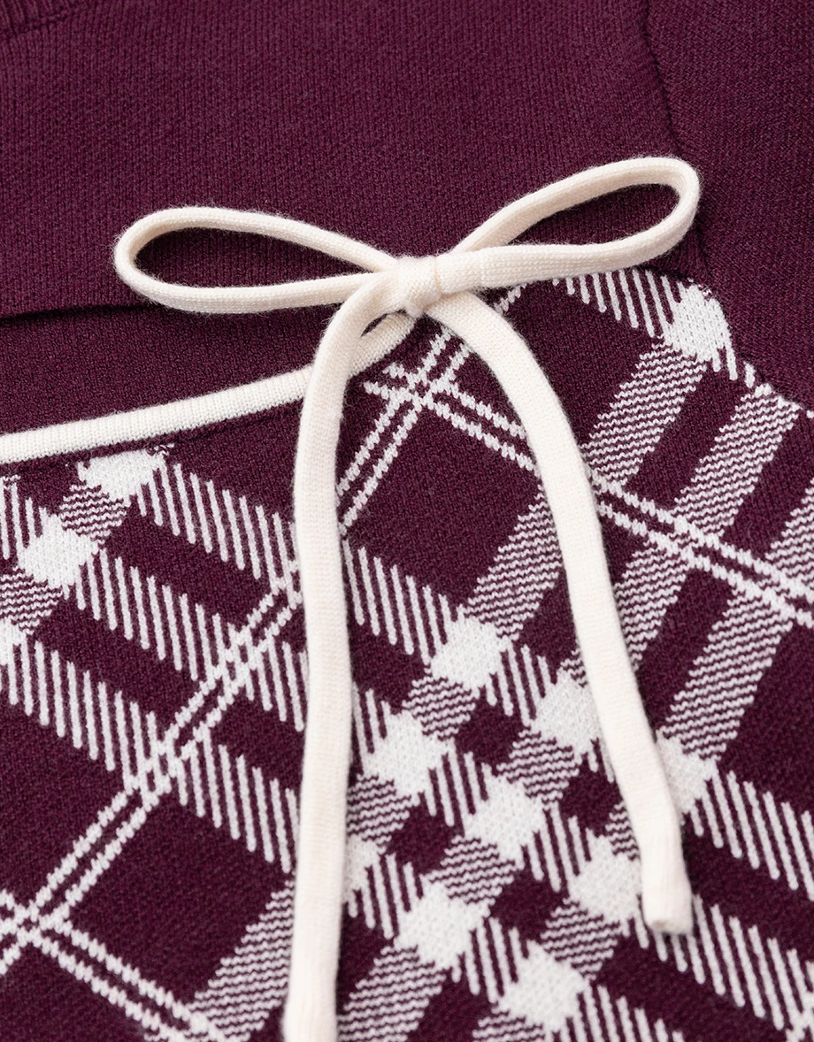 Crew Neck Contrast Bow Plaid Panel Long Sleeve Crop Knit Top