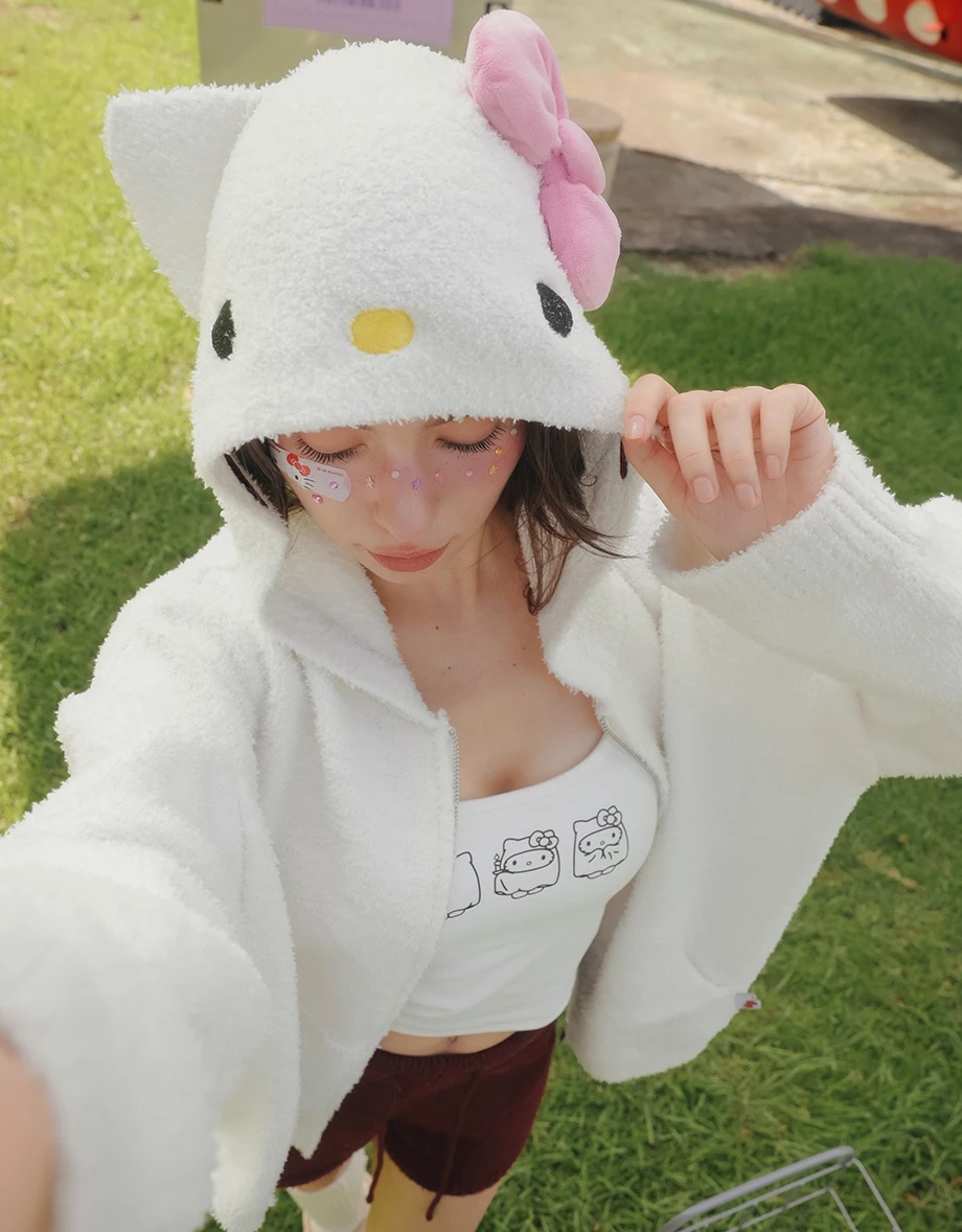 【Hello Kitty】立體蝴蝶結刺繡造型連帽長袖拉鍊針織外套