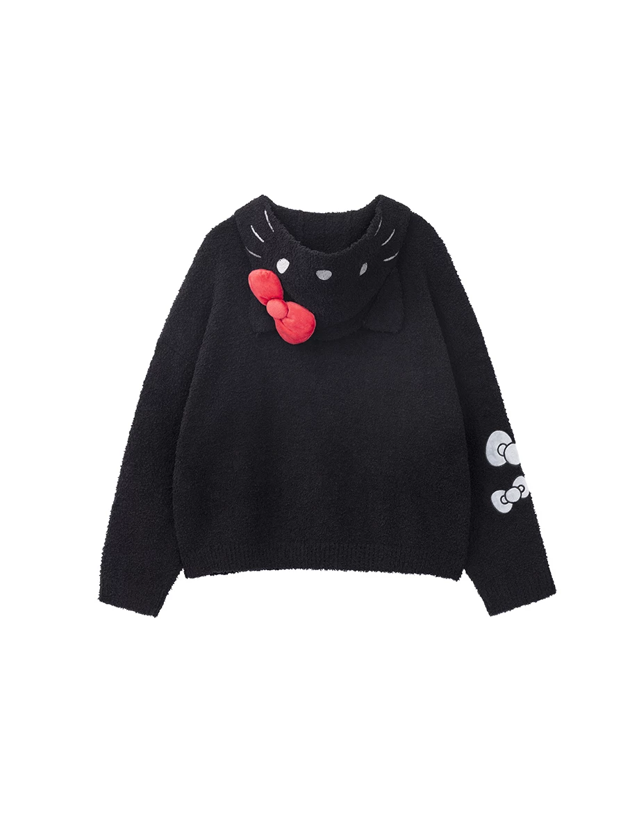 【Hello Kitty】立體蝴蝶結刺繡造型連帽長袖拉鍊針織外套