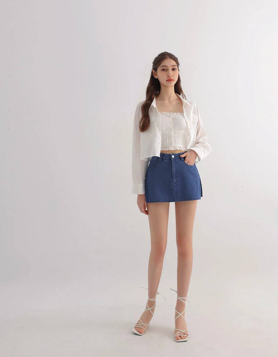 High Waist Side Slit A Line Jeans Denim Mini Skort High Waist Side Slit A Line Jeans Denim Mini Skort
