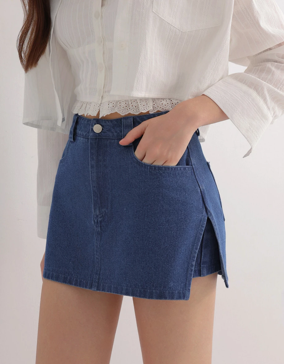 High Waist Side Slit A Line Jeans Denim Mini Skort High Waist Side Slit A Line Jeans Denim Mini Skort