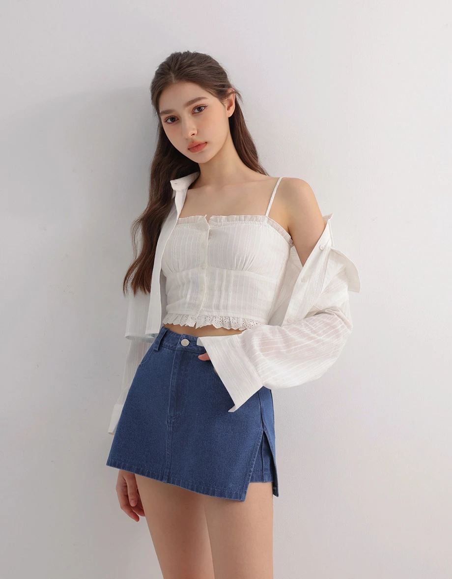 High Waist Side Slit A Line Jeans Denim Mini Skort High Waist Side Slit A Line Jeans Denim Mini Skort