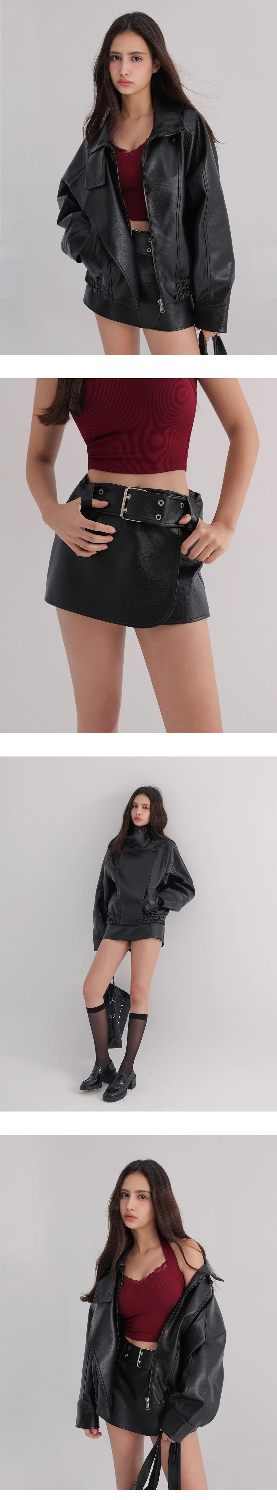 Faux Leather Wrap Front Mini Skort (with Wide Eyelet Belt)