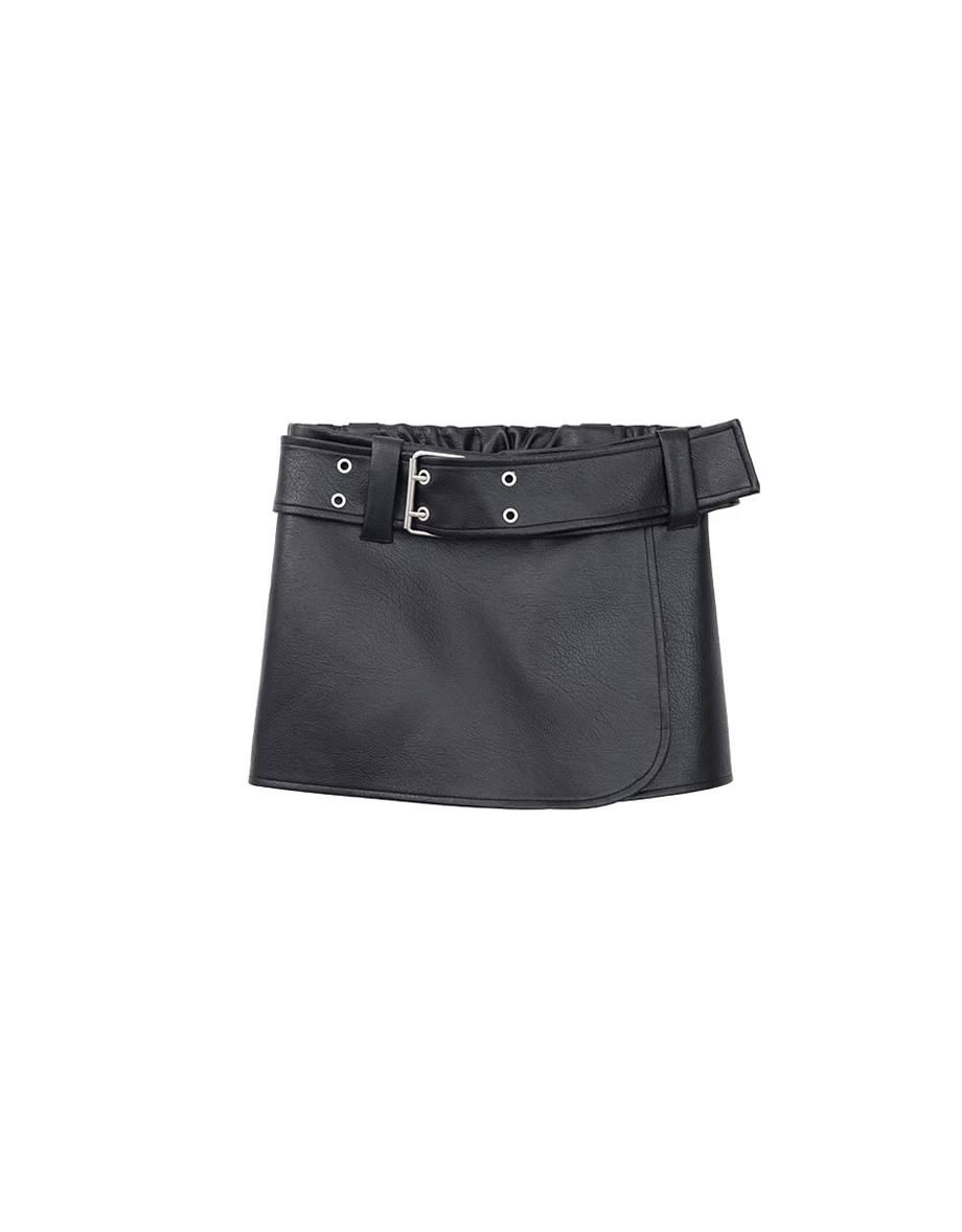 Faux Leather Wrap Front Mini Skort (with Wide Eyelet Belt)