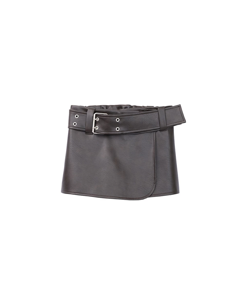 Faux Leather Wrap Front Mini Skort (with Wide Eyelet Belt)