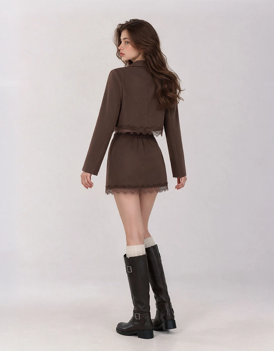 High Waist Lace Hem Front Slit Tailored Mini Skirt