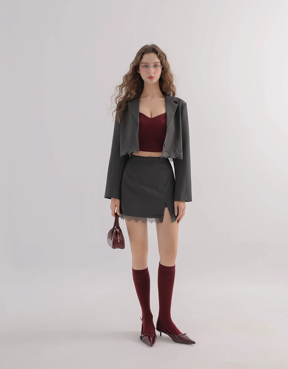 High Waist Lace Hem Front Slit Tailored Mini Skirt