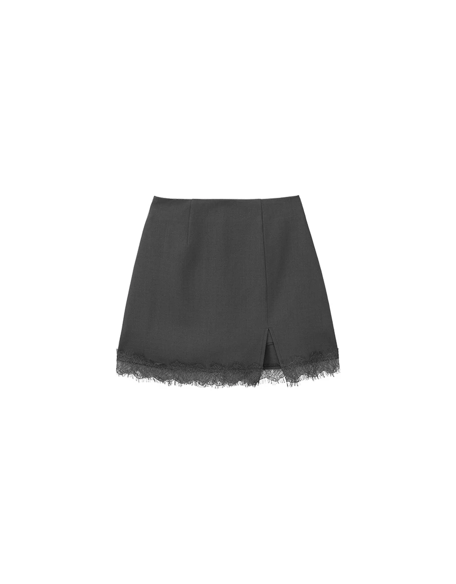 High Waist Lace Hem Front Slit Tailored Mini Skirt