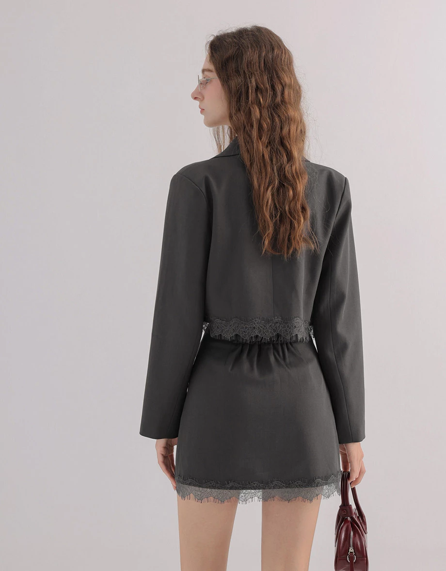 High Waist Lace Hem Front Slit Tailored Mini Skirt
