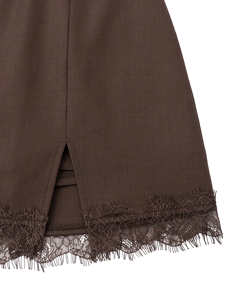 High Waist Lace Hem Front Slit Tailored Mini Skirt
