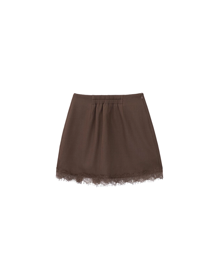 High Waist Lace Hem Front Slit Tailored Mini Skirt