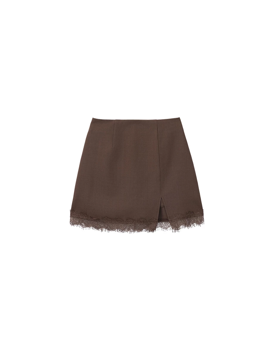 High Waist Lace Hem Front Slit Tailored Mini Skirt