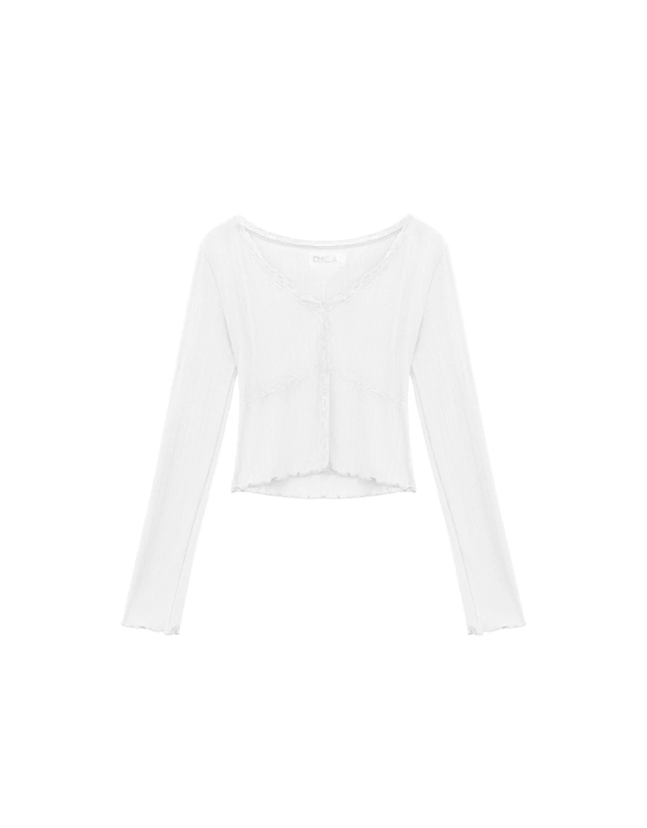 Lace Trim V Neck Ribbed Knit Crop Cardigan