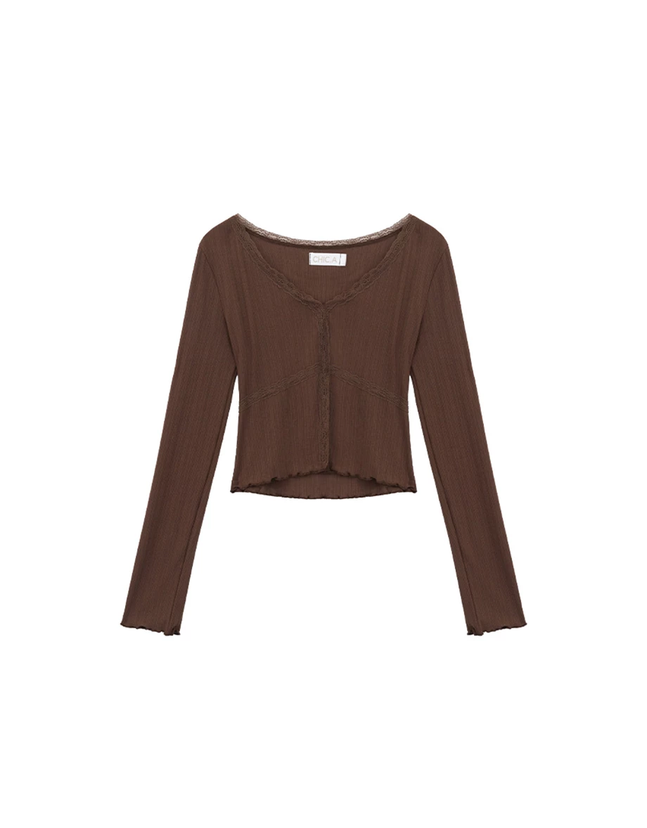 Lace Trim V Neck Ribbed Knit Crop Cardigan