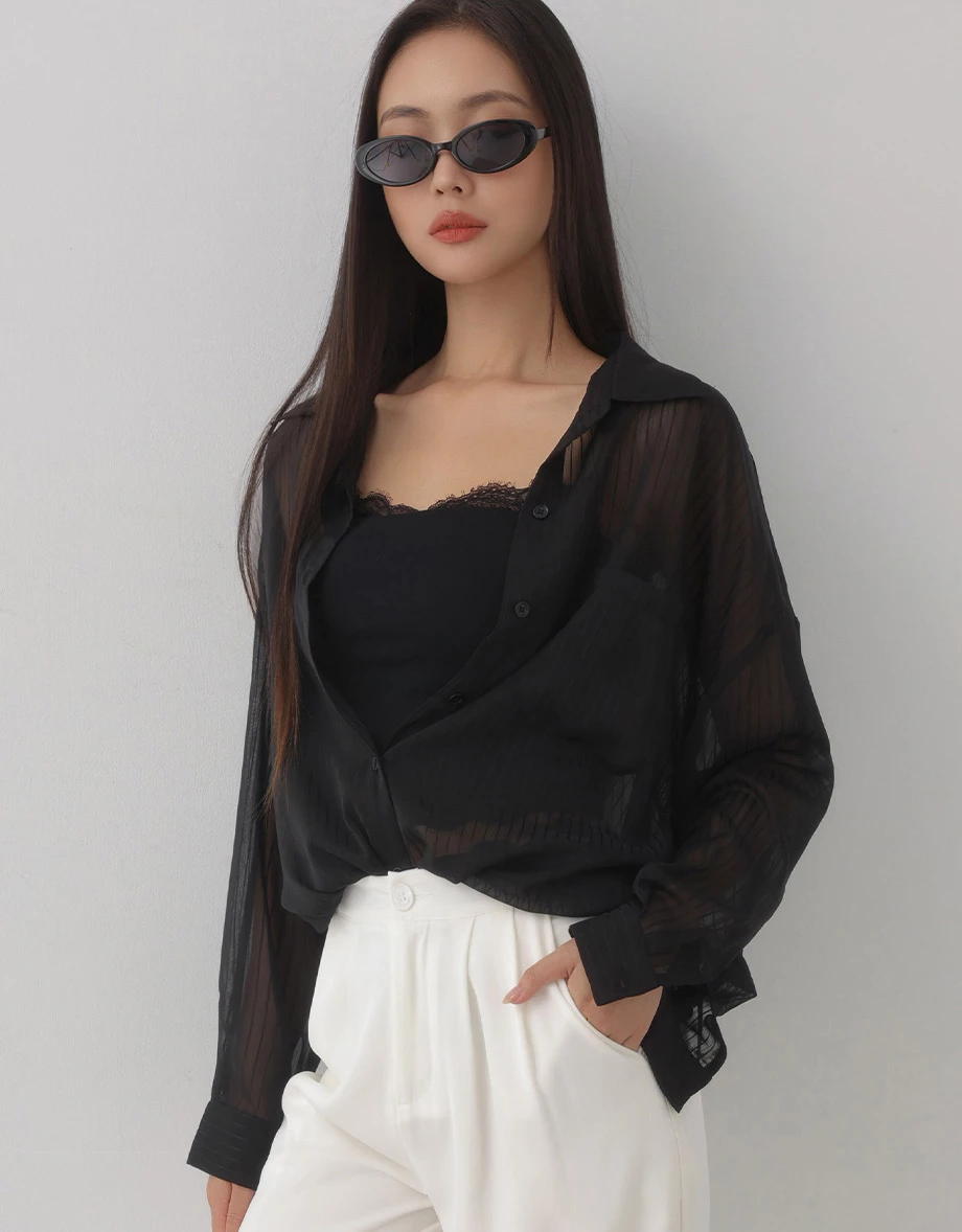 Sheer Stripe Oversized Button Front Shirt Blouse