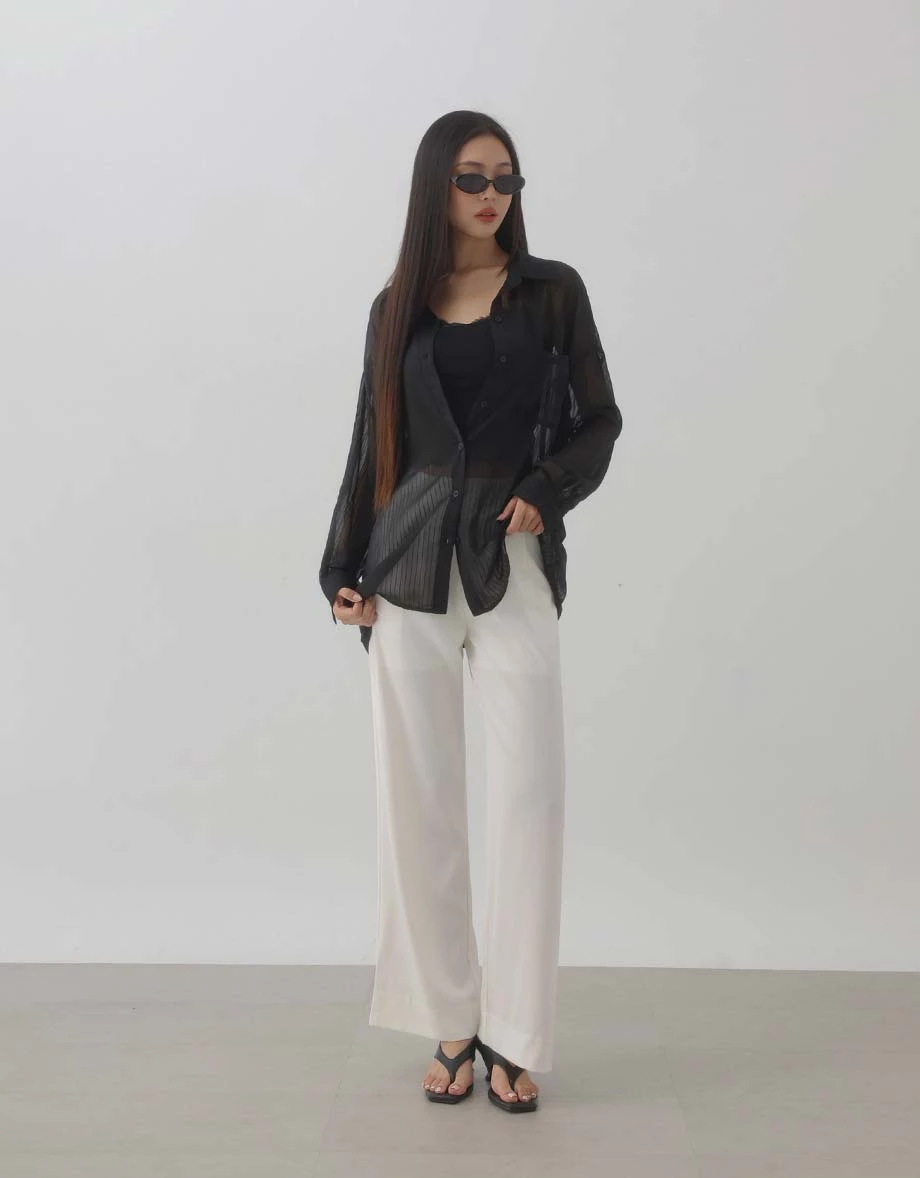 Sheer Stripe Oversized Button Front Shirt Blouse