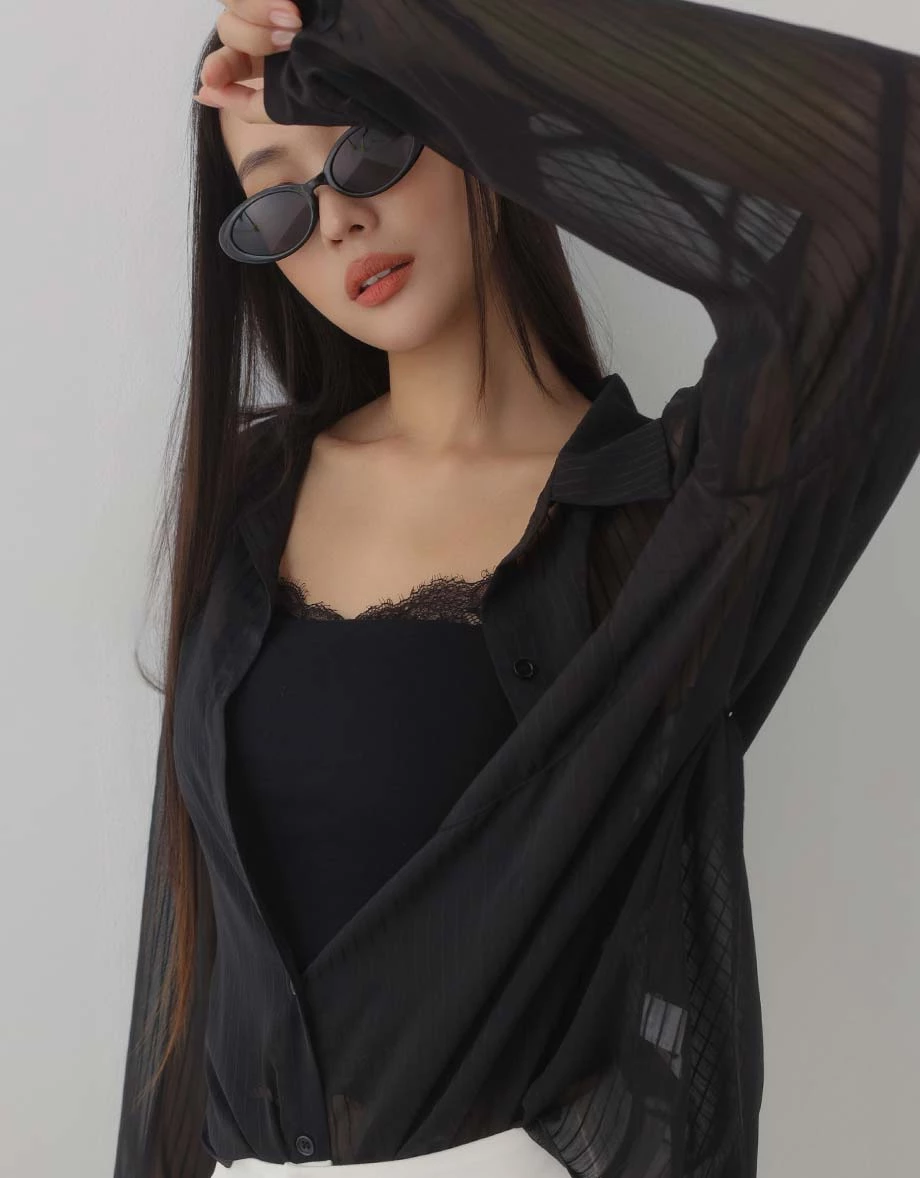 Sheer Stripe Oversized Button Front Shirt Blouse