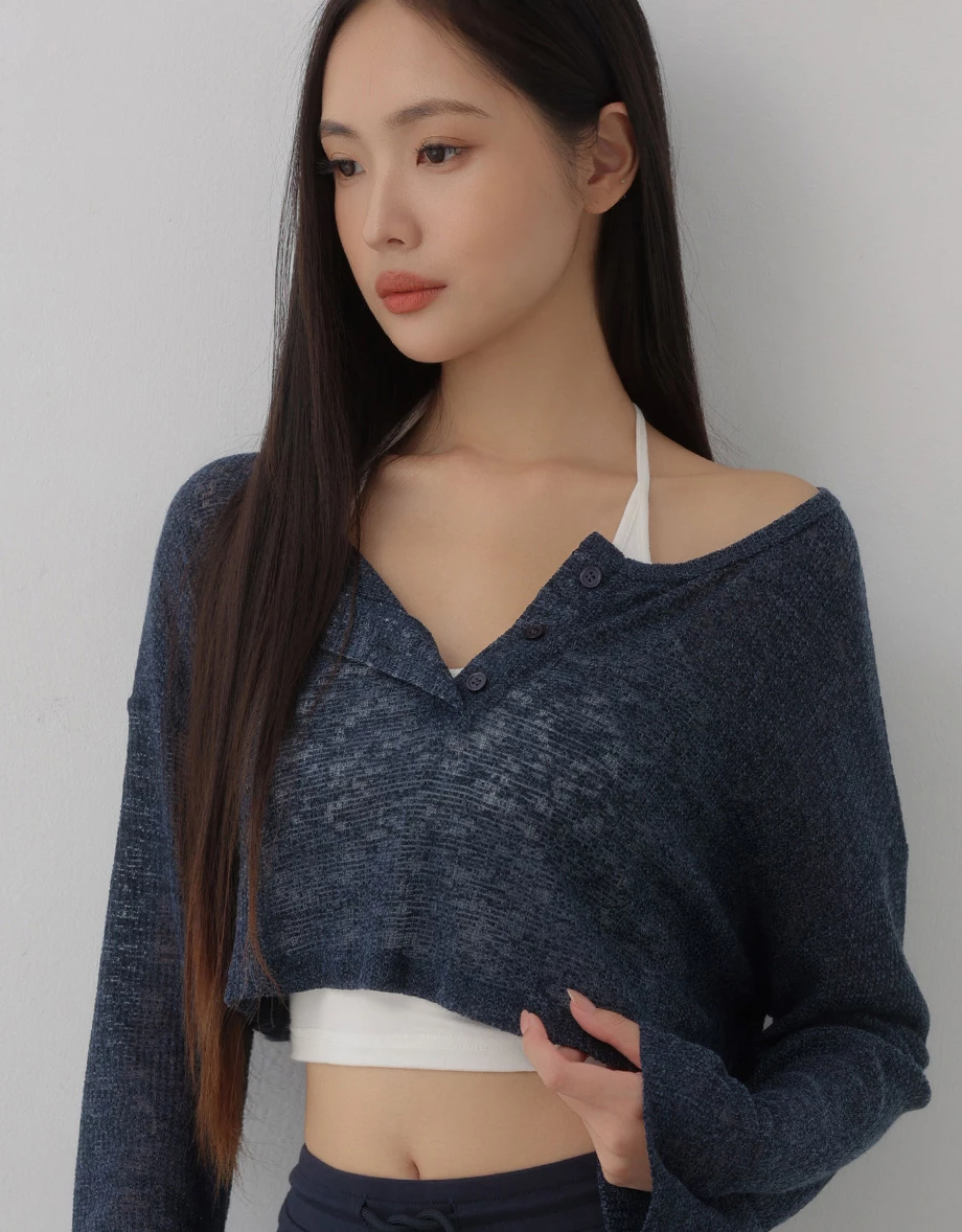 Henley Neck Sheer Slub Knit Crop Cardigan Top Henley Neck Sheer Slub Knit Crop Cardigan Top