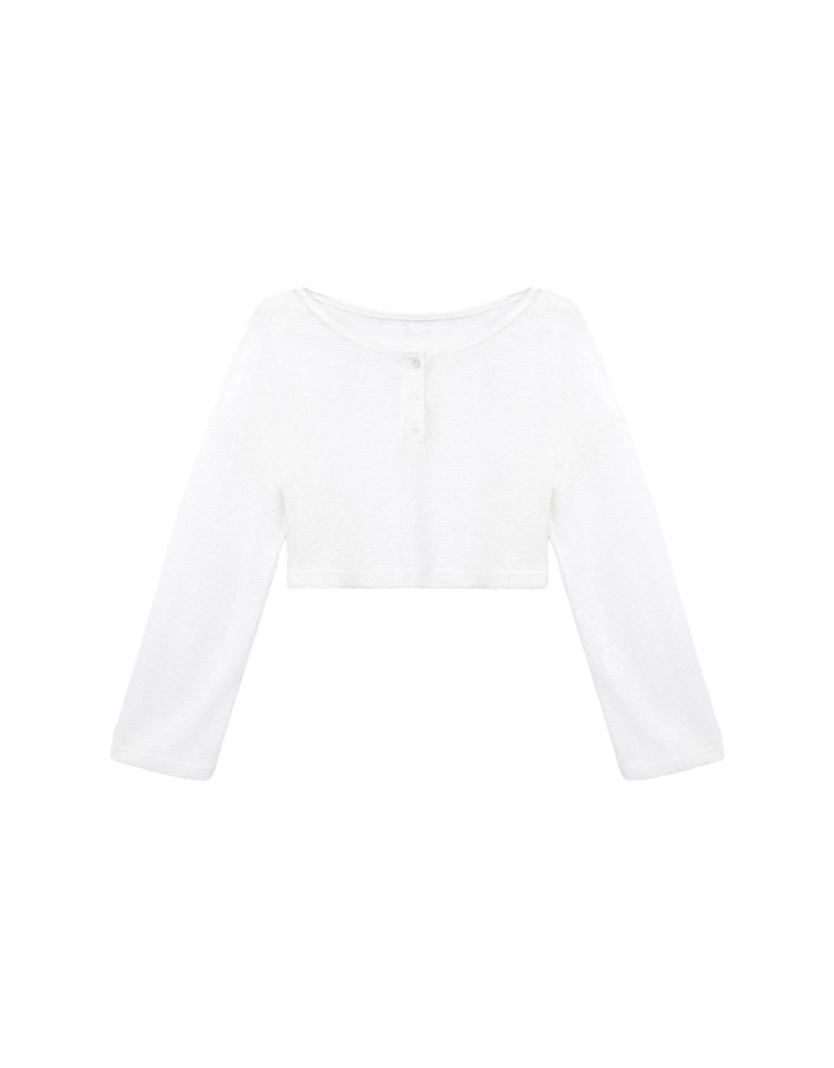 Henley Neck Sheer Slub Knit Crop Cardigan Top Henley Neck Sheer Slub Knit Crop Cardigan Top