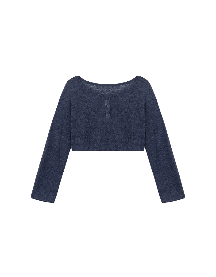 Henley Neck Sheer Slub Knit Crop Cardigan Top Henley Neck Sheer Slub Knit Crop Cardigan Top