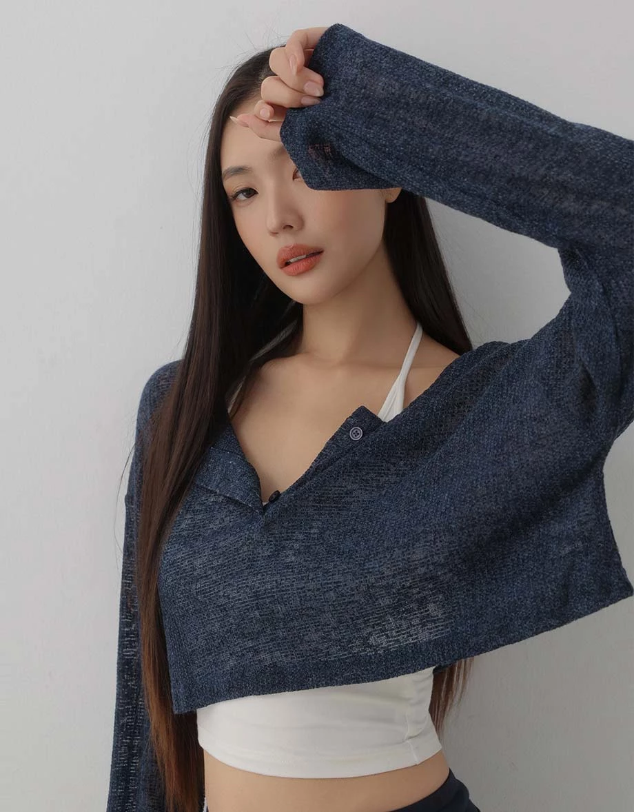 Henley Neck Sheer Slub Knit Crop Cardigan Top Henley Neck Sheer Slub Knit Crop Cardigan Top