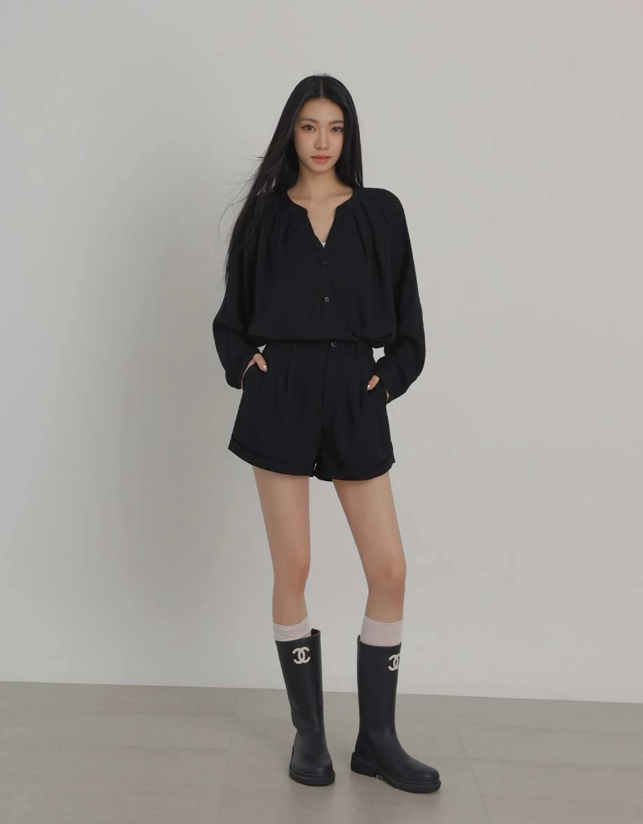Henley Collar Pleated Long Sleeve Oversized Chiffon Shirt Blouse