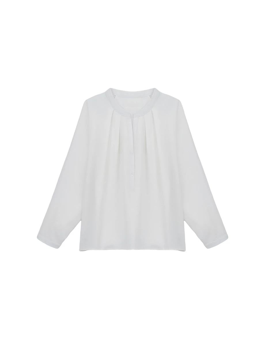 Henley Collar Pleated Long Sleeve Oversized Chiffon Shirt Blouse Henley Collar Pleated Long Sleeve Oversized Chiffon Shirt Blouse