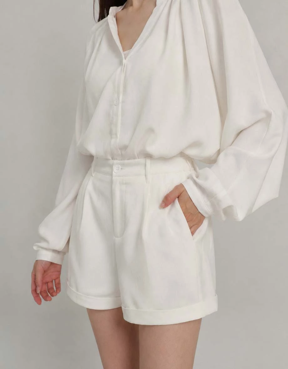Henley Collar Pleated Long Sleeve Oversized Chiffon Shirt Blouse
