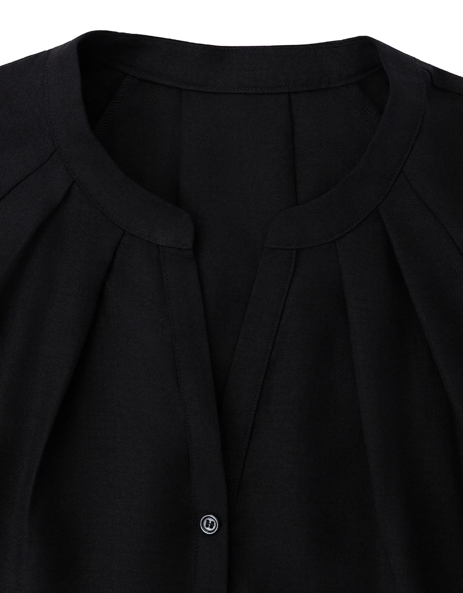 Henley Collar Pleated Long Sleeve Oversized Chiffon Shirt Blouse