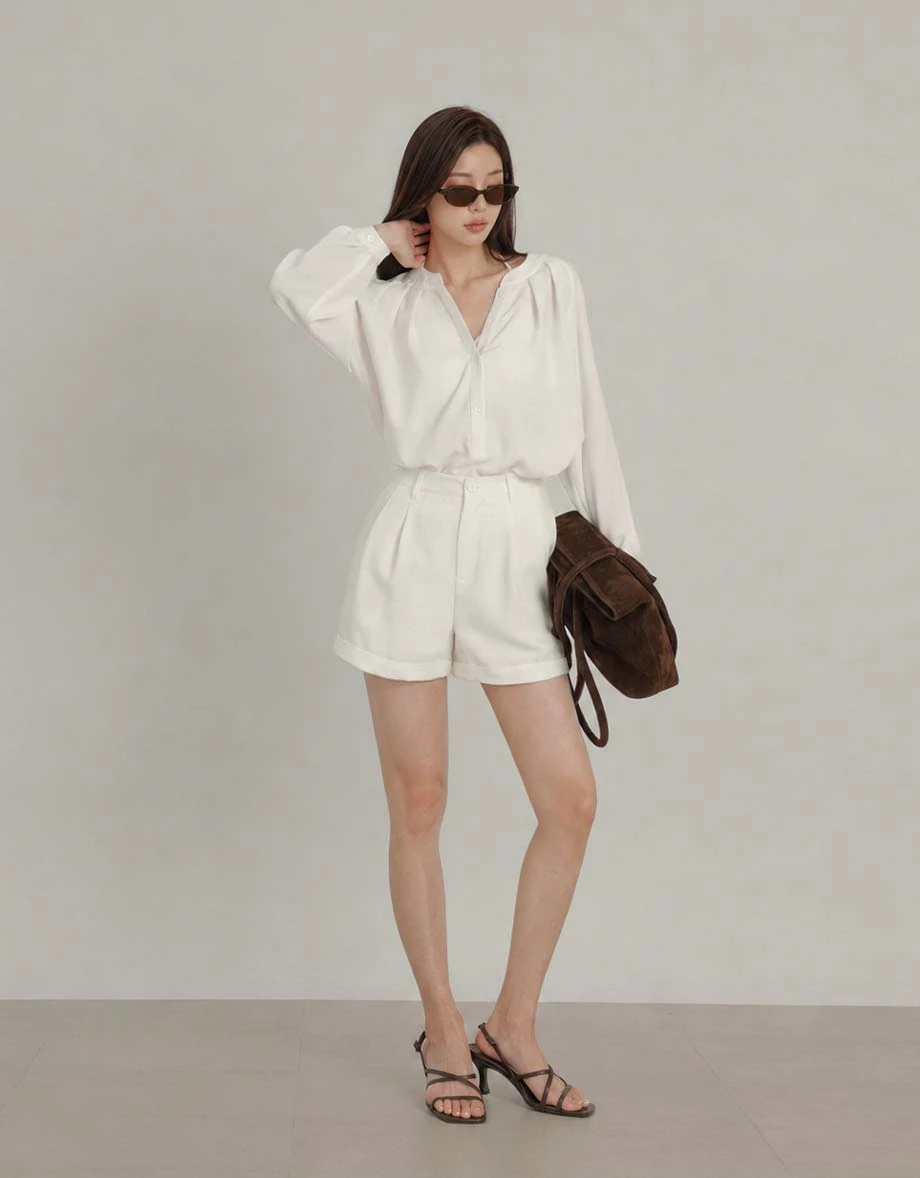 Henley Collar Pleated Long Sleeve Oversized Chiffon Shirt Blouse Henley Collar Pleated Long Sleeve Oversized Chiffon Shirt Blouse