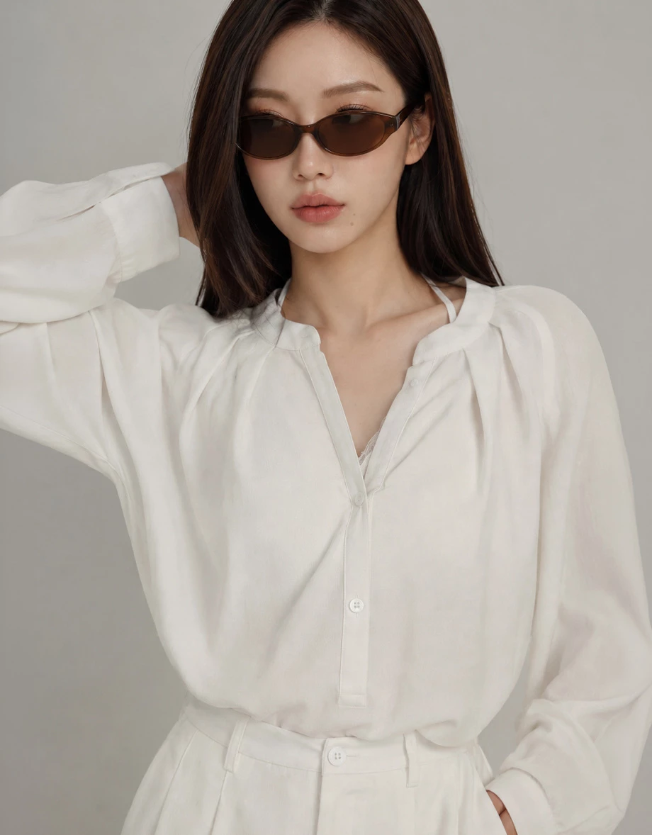 Henley Collar Pleated Long Sleeve Oversized Chiffon Shirt Blouse Henley Collar Pleated Long Sleeve Oversized Chiffon Shirt Blouse