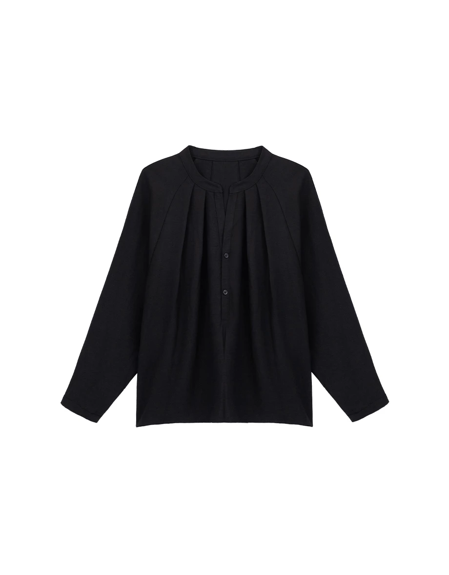 Henley Collar Pleated Long Sleeve Oversized Chiffon Shirt Blouse
