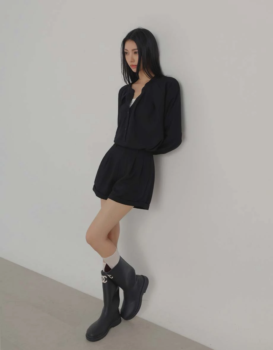 Henley Collar Pleated Long Sleeve Oversized Chiffon Shirt Blouse