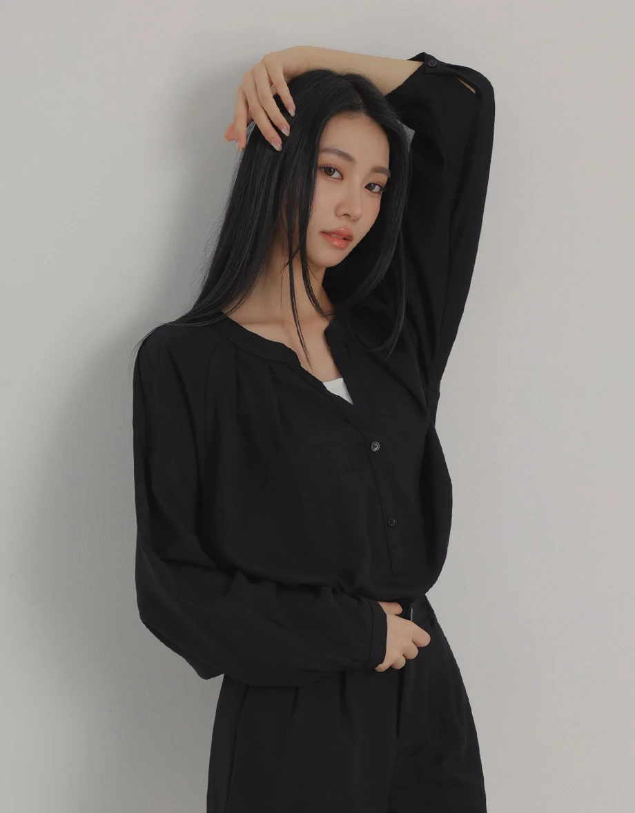 Henley Collar Pleated Long Sleeve Oversized Chiffon Shirt Blouse