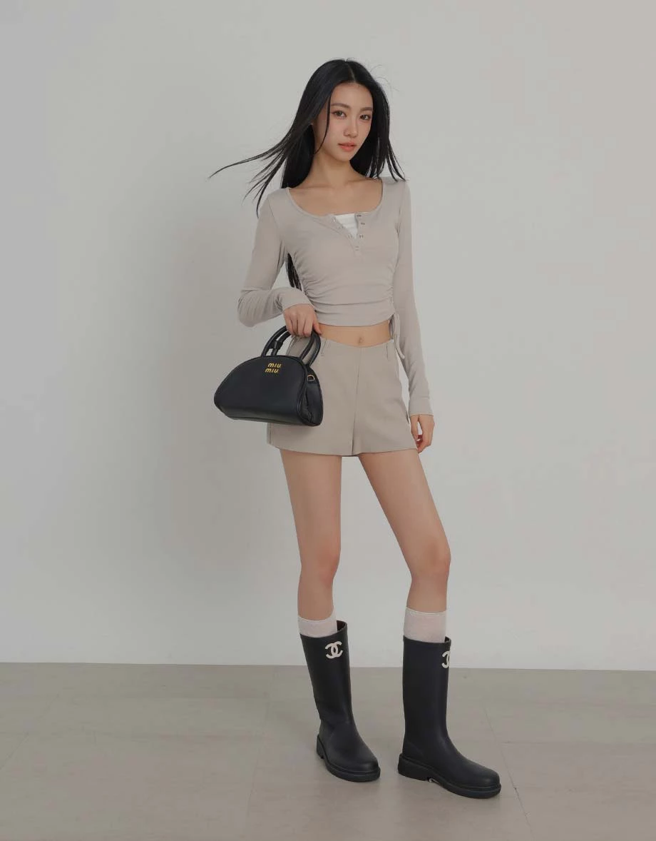 Henley Snap Button Side Drawstring Long Sleeve Crop Top Henley Snap Button Side Drawstring Long Sleeve Crop Top