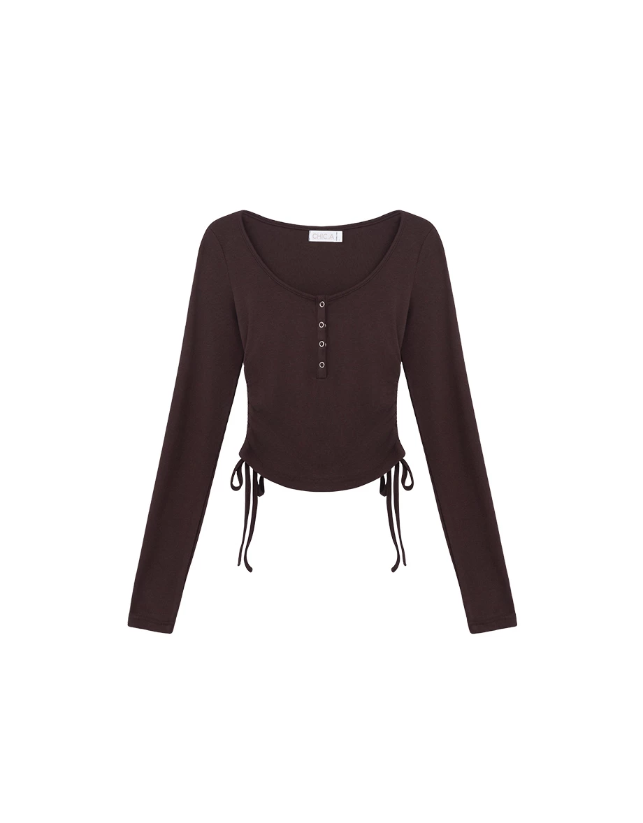 Henley Snap Button Side Drawstring Long Sleeve Crop Top Henley Snap Button Side Drawstring Long Sleeve Crop Top