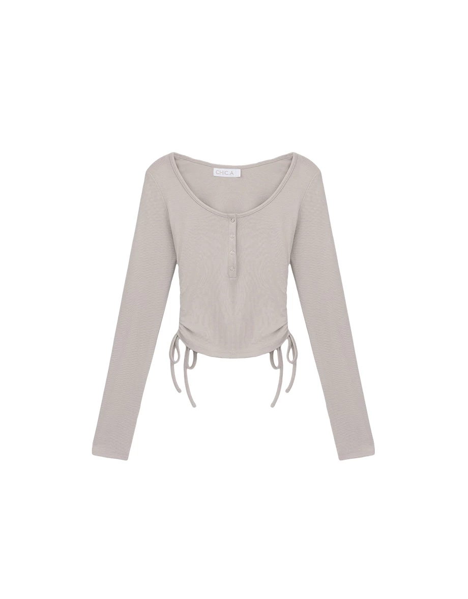 Henley Snap Button Side Drawstring Long Sleeve Crop Top Henley Snap Button Side Drawstring Long Sleeve Crop Top