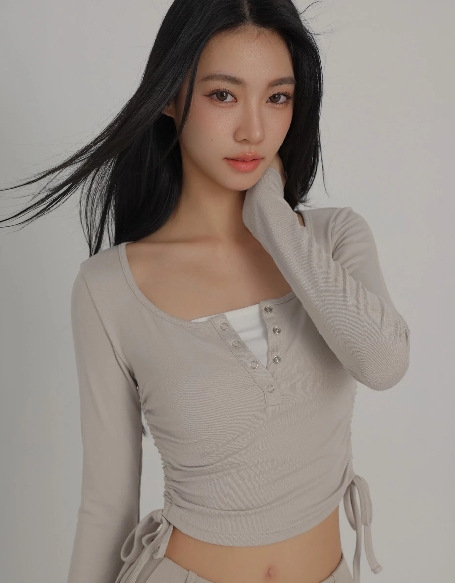 Henley Snap Button Side Drawstring Long Sleeve Crop Top Henley Snap Button Side Drawstring Long Sleeve Crop Top