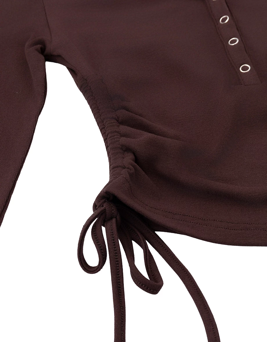 Henley Snap Button Side Drawstring Long Sleeve Crop Top Henley Snap Button Side Drawstring Long Sleeve Crop Top