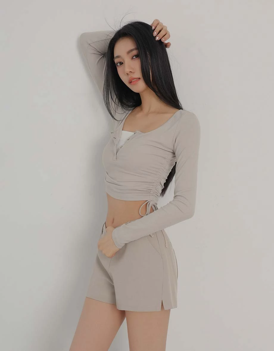 Henley Snap Button Side Drawstring Long Sleeve Crop Top Henley Snap Button Side Drawstring Long Sleeve Crop Top