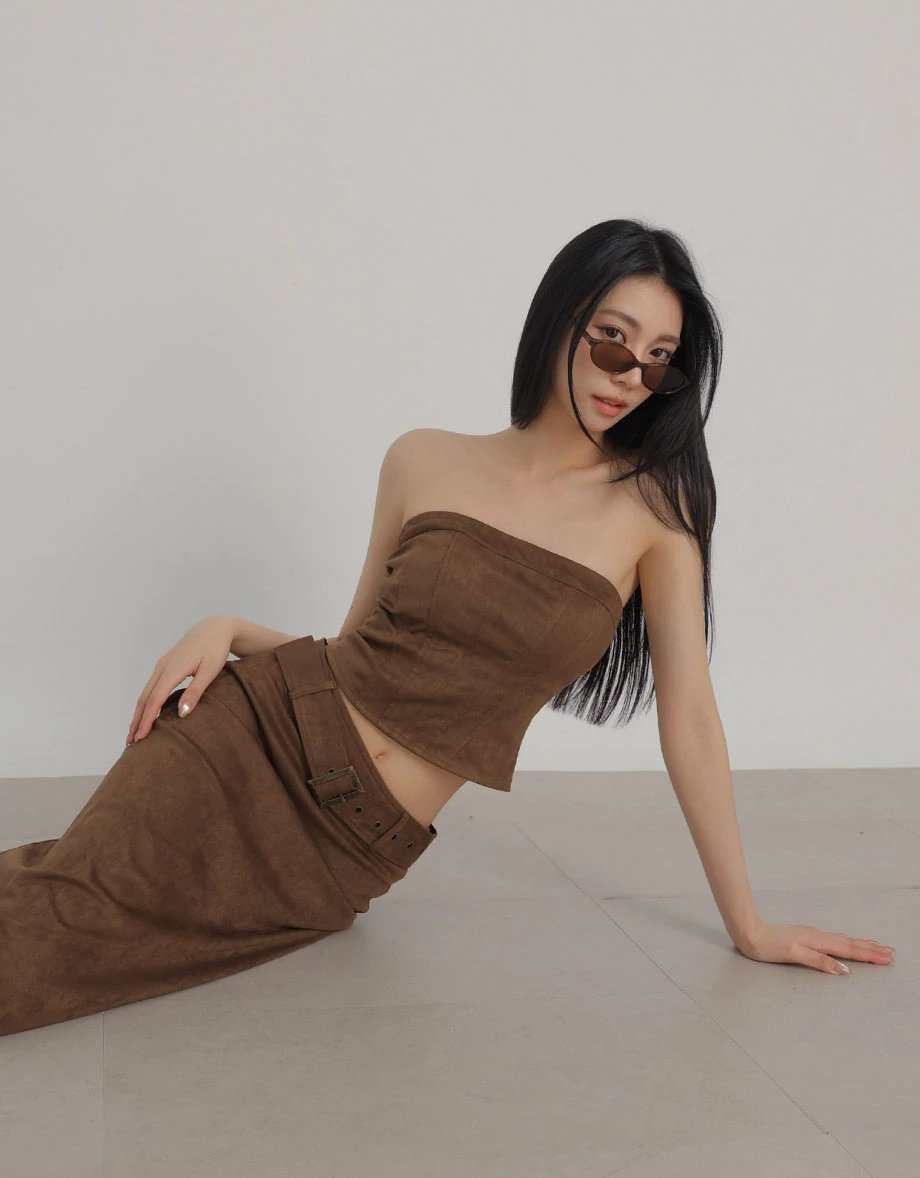 Faux Suede Back Zipper Padded Bandeau Top Faux Suede Back Zipper Padded Bandeau Top