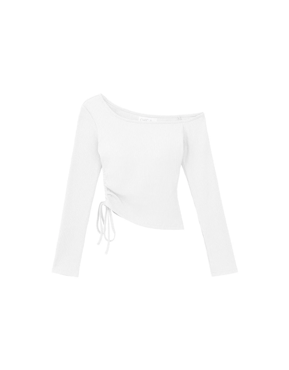 Asymmetric One Shoulder Side Drawstring Long Sleeve Ribbed Padded Bra Top Asymmetric One Shoulder Side Drawstring Long Sleeve Ribbed Padded Bra Top