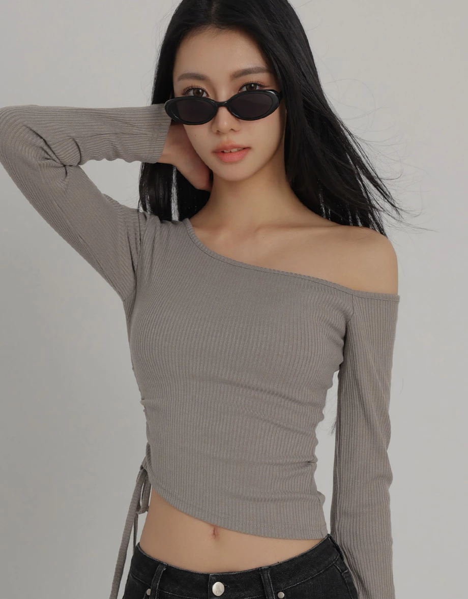 Asymmetric One Shoulder Side Drawstring Long Sleeve Ribbed Padded Bra Top Asymmetric One Shoulder Side Drawstring Long Sleeve Ribbed Padded Bra Top