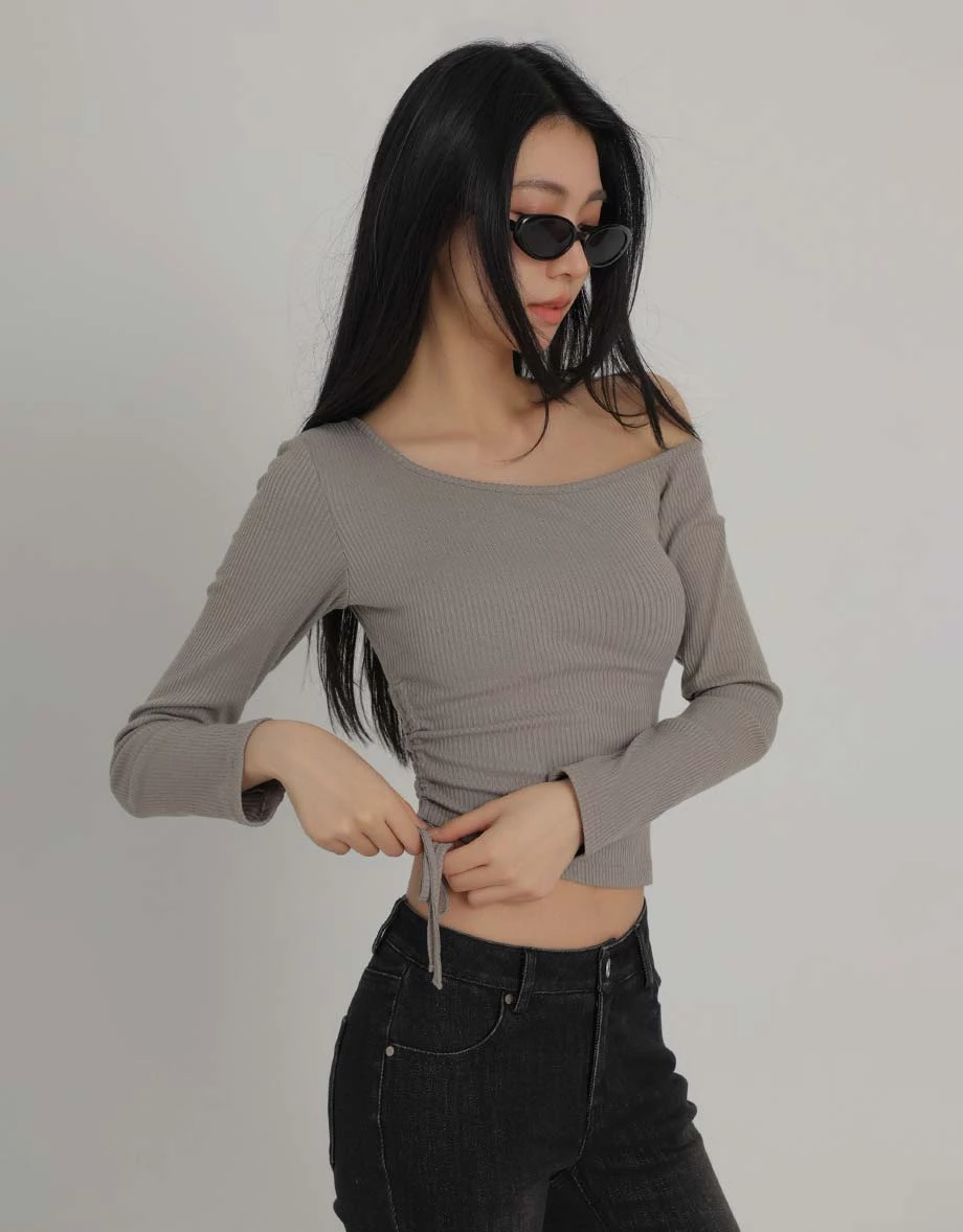 Asymmetric One Shoulder Side Drawstring Long Sleeve Ribbed Padded Bra Top Asymmetric One Shoulder Side Drawstring Long Sleeve Ribbed Padded Bra Top