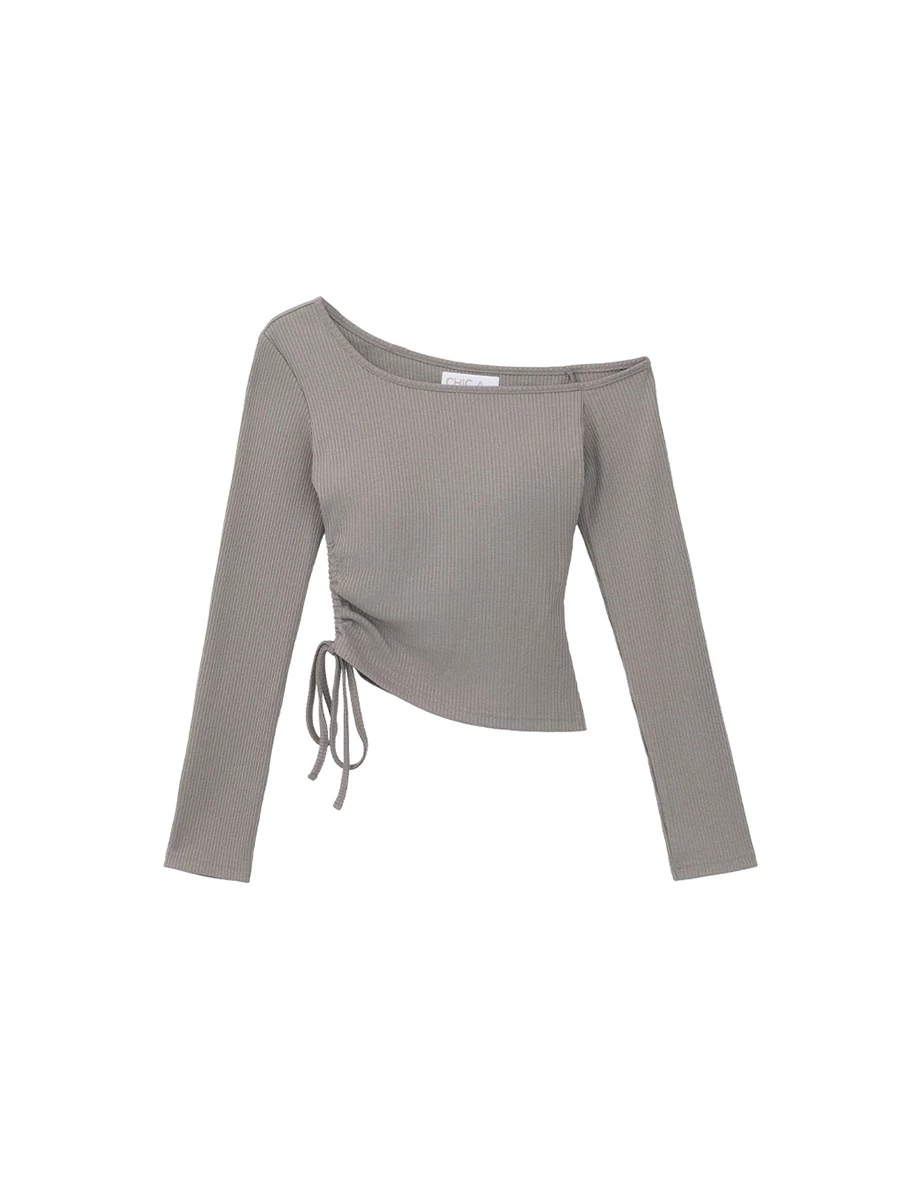 Asymmetric One Shoulder Side Drawstring Long Sleeve Ribbed Padded Bra Top Asymmetric One Shoulder Side Drawstring Long Sleeve Ribbed Padded Bra Top