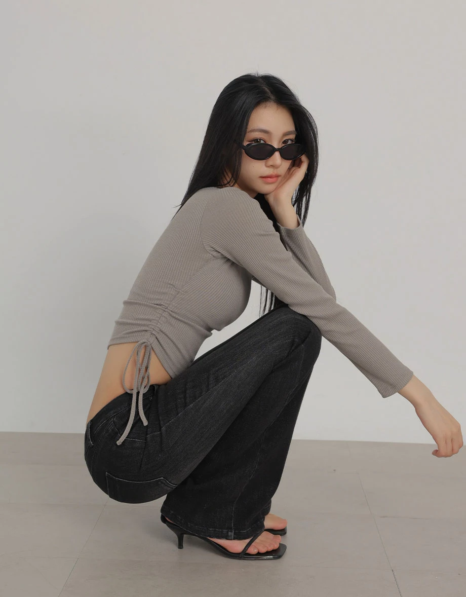 Asymmetric One Shoulder Side Drawstring Long Sleeve Ribbed Padded Bra Top Asymmetric One Shoulder Side Drawstring Long Sleeve Ribbed Padded Bra Top