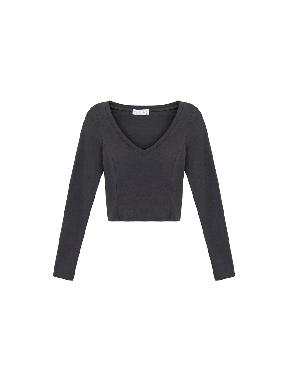 【CLEANFIT】Basic V Neck Long Sleeve Fitted Padded Bra Top