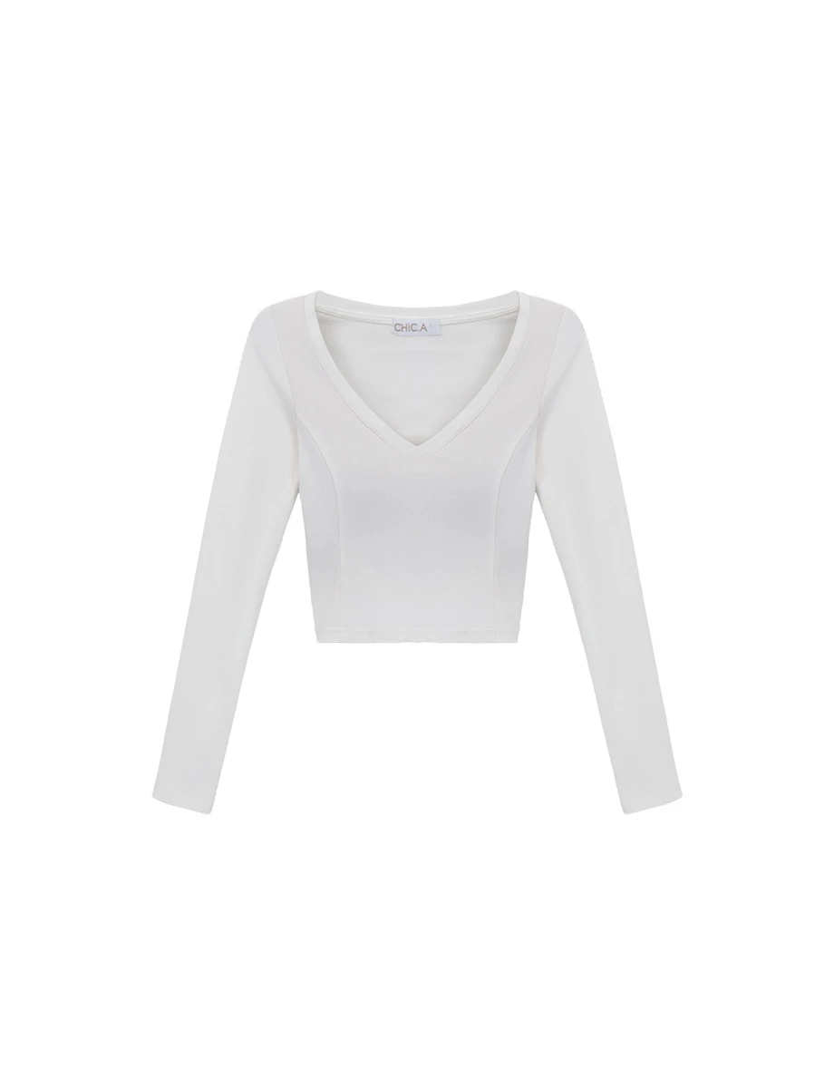 【CLEANFIT】Basic V Neck Long Sleeve Fitted Padded Bra Top